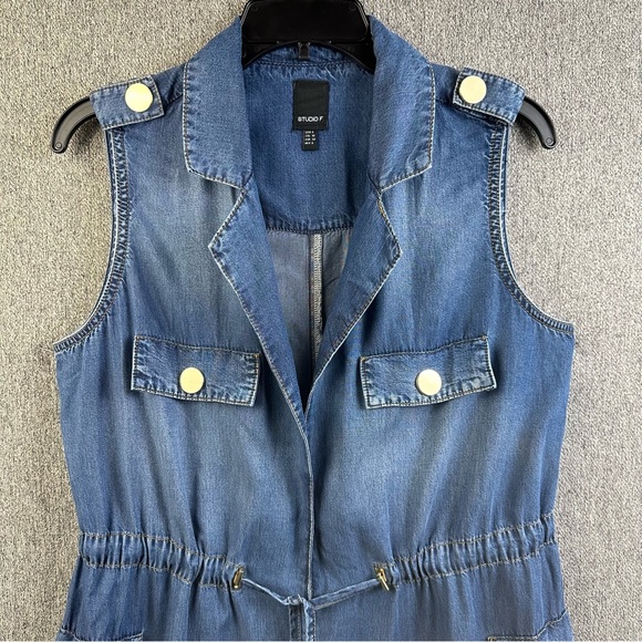 Studio F Sleeveless Blue Rayon ‘Denim’ Dress Drawstring Cinch Waist Womens Sz 6 - Picture 5 of 7